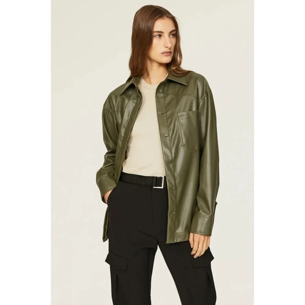 NICHOLAS Jacket Womens Size 6 Green Faux Leather Button Up Shirt ARETHA Shacket